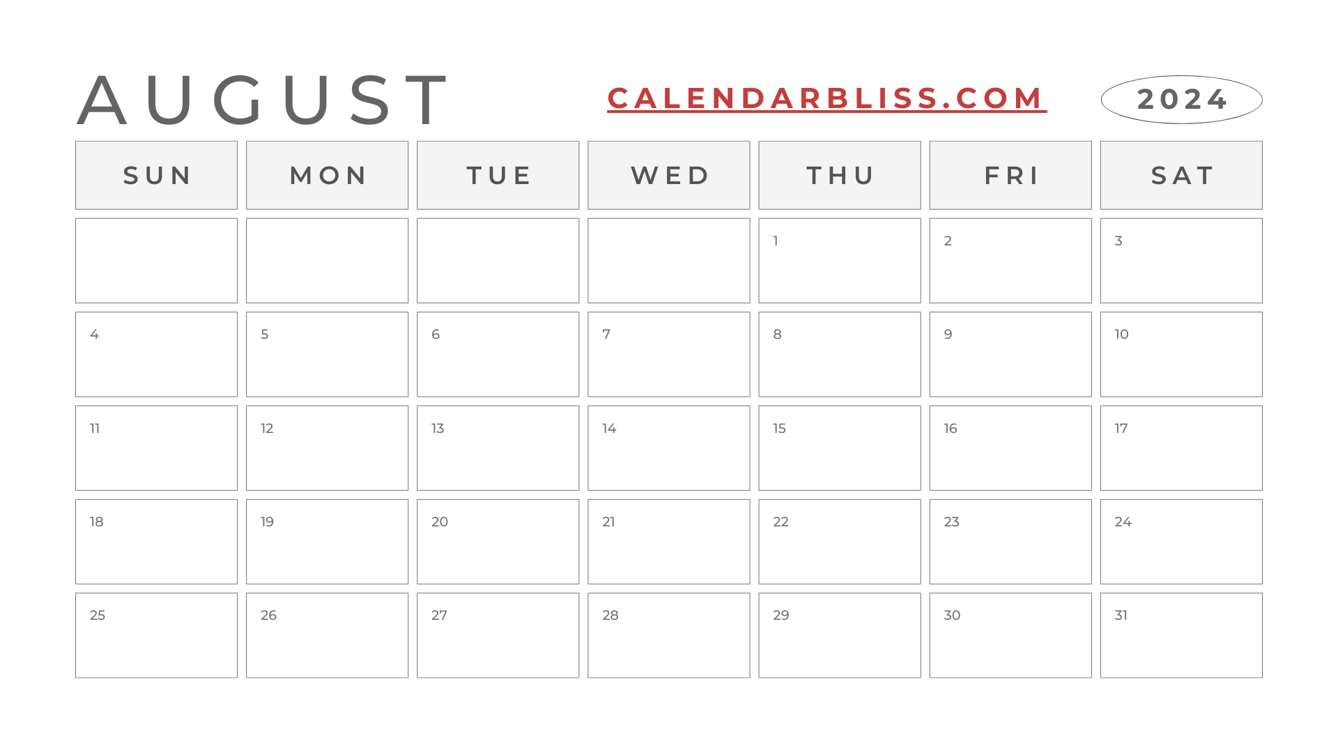 Printable Blank Calendar August 2024