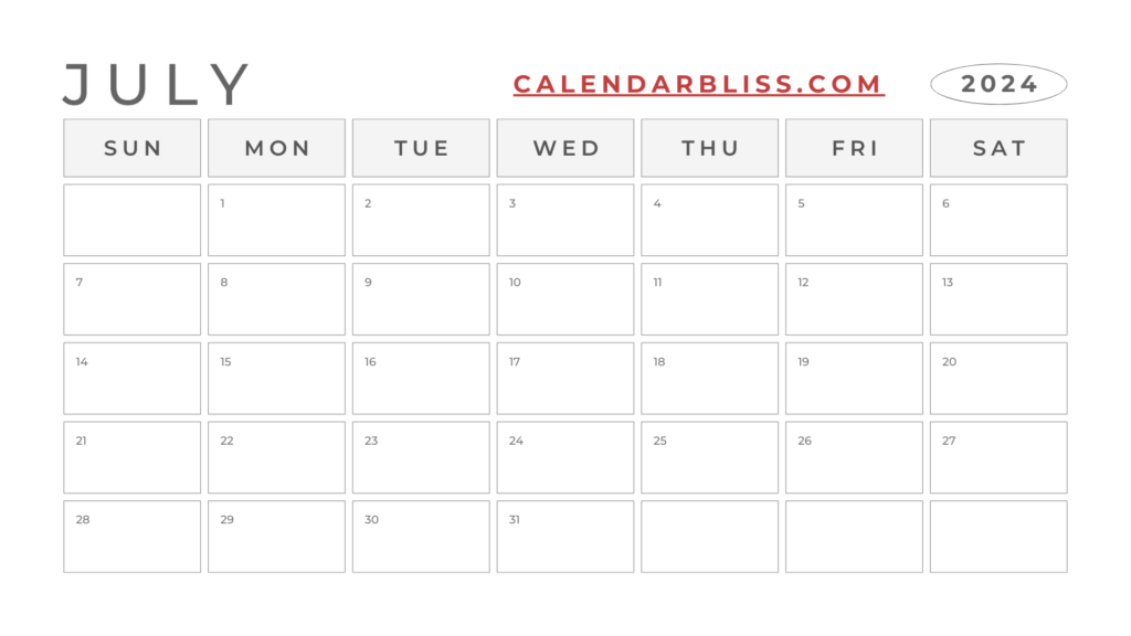 Printable Blank Calendar July 2024