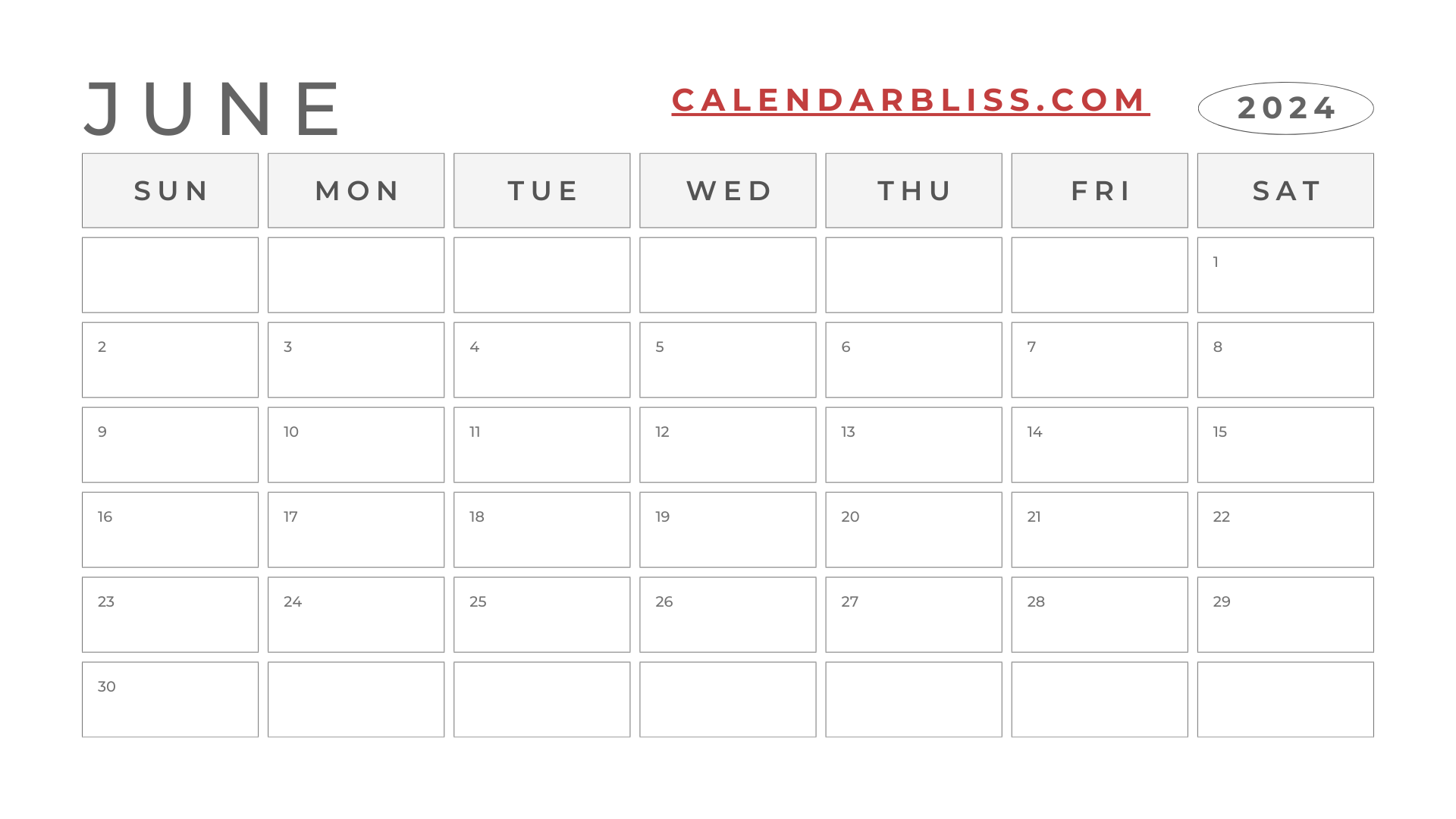 Printable Blank Calendar June 2024