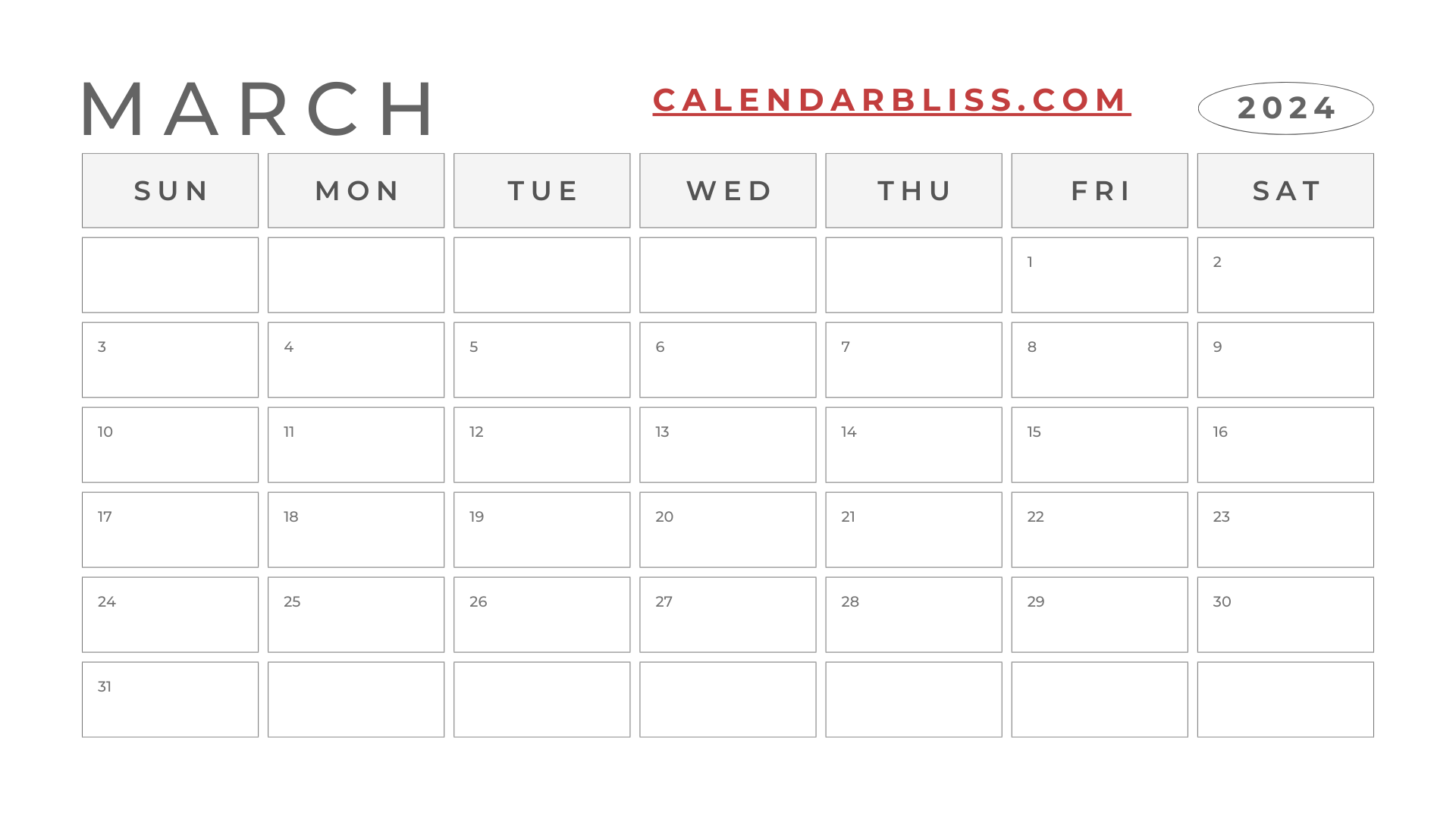 Printable Blank Calendar March 2024