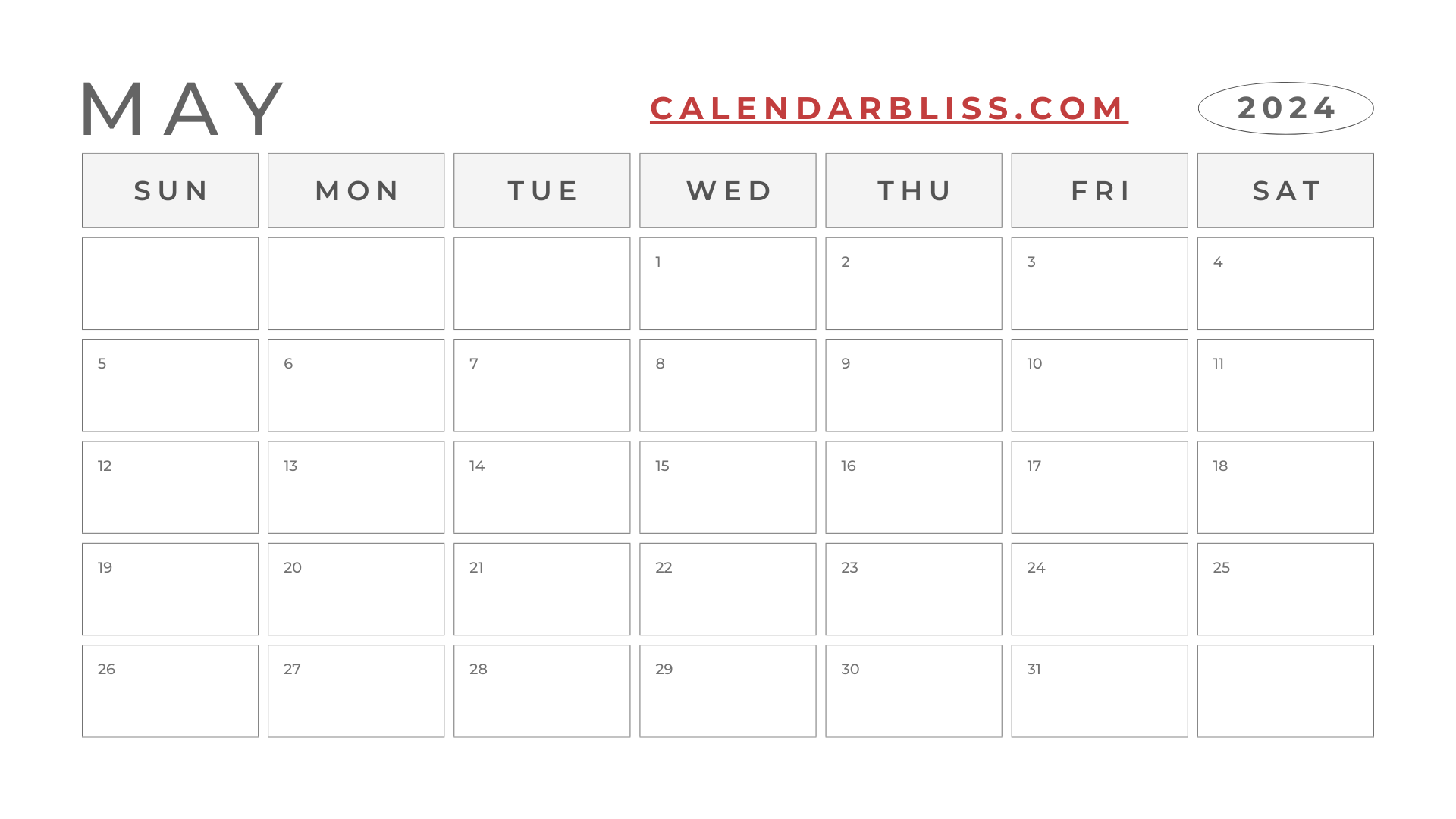 Printable Blank Calendar May 2024